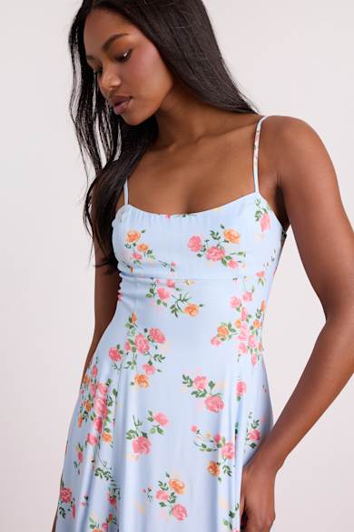 sachin and babi light blue dress PRETTYGARDEN Women's Summer Casual Boho Dress Floral Print Ruffle Puff  Sleeve High Waist Midi Beach Dresses main image 0