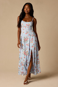 Ingrid Light Blue Floral Tie-Back Maxi Dress 2