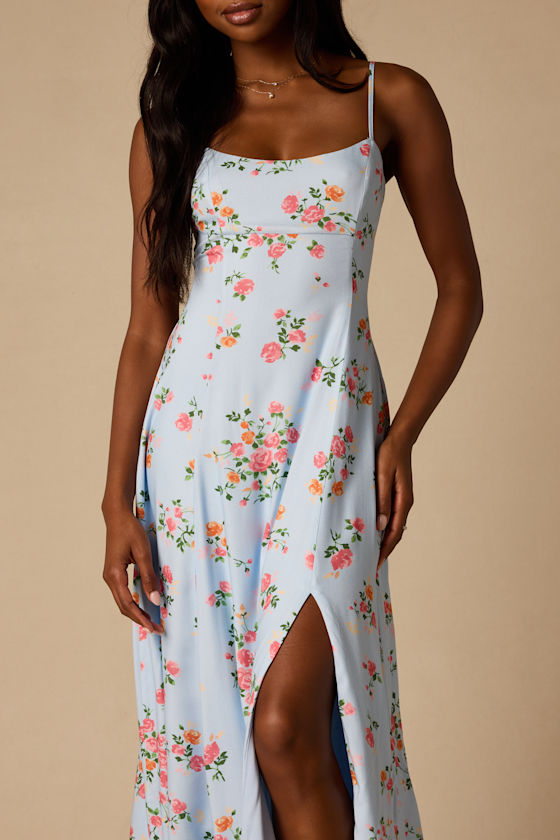 Ingrid Light Blue Floral Tie-Back Maxi Dress 3