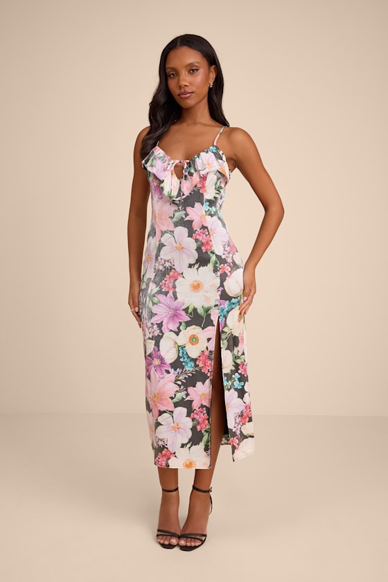 Kayla Black Multi Floral Ruffled Midi Dress