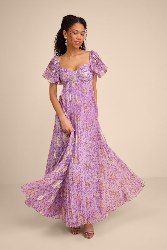Light Purple Pleated Dress - Chiffon Dress - Abstract Maxi Dress