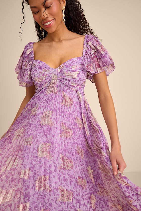 Light Purple Pleated Dress - Chiffon Dress - Abstract Maxi Dress