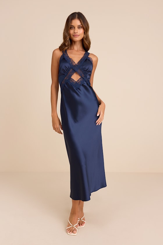 Navy Satin Lace Slip Midi Dress | Womens | Large (Available in XS, S, M, XL) | 100% Polyester | Lulus Navy Satin Lace Slip Midi Dress | Womens | Large (Available in XS, S, M, XL) | 100% Polyester | Lulus