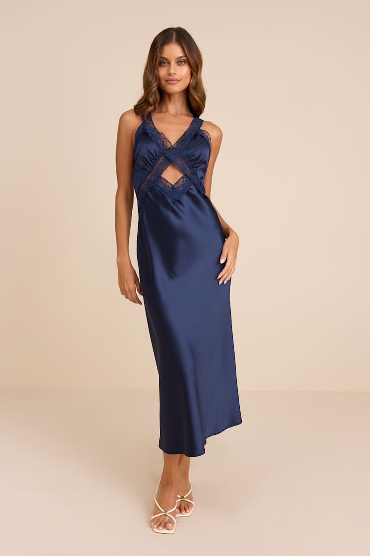 Navy Satin Lace Slip Midi Dress | Womens | Large (Available in XS, S, M, XL) | 100% Polyester | Lulus Navy Satin Lace Slip Midi Dress | Womens | Large (Available in XS, S, M, XL) | 100% Polyester | Lulus
