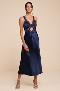 Camara Navy Satin Lace Slip Midi Dress 2