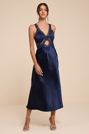 Camara Navy Satin Lace Slip Midi Dress 2
