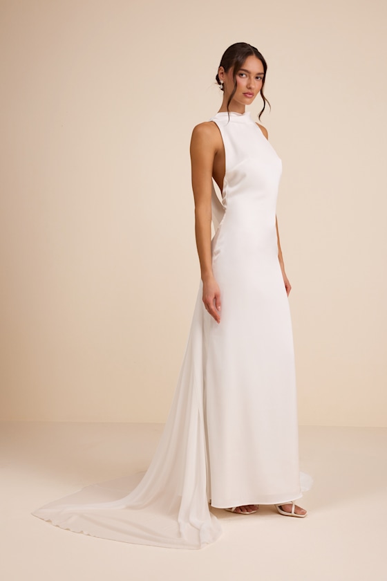 Perilla White Satin Mock Neck Column Maxi Dress
