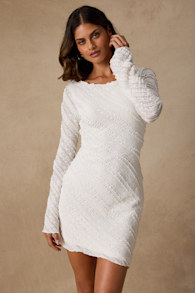 Amy Cream Textured Long Sleeve Asymmetrical Mini Dress 2