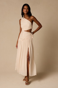 Vega Light Beige Pleated Asymmetrical Cutout Maxi Dress 2