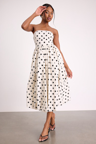 Terrance Ivory Polka Dot Strapless Bubble-Hem Midi Dress 1