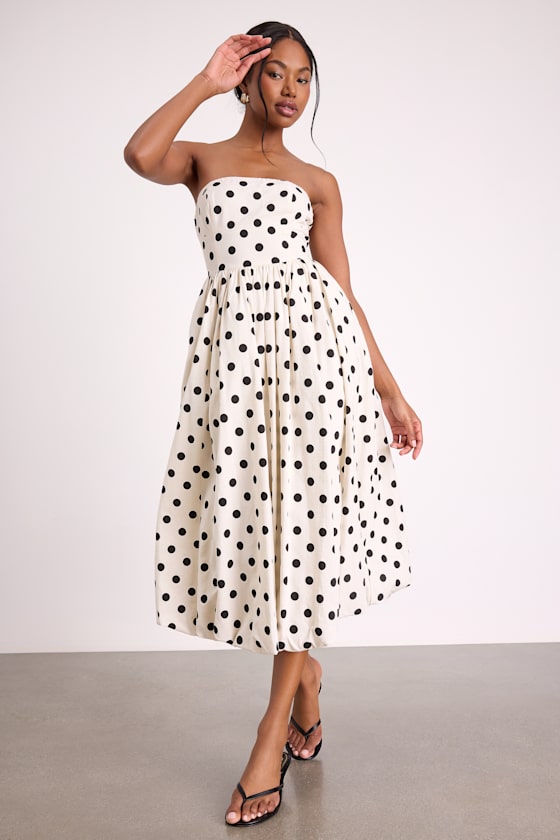 Terrance Ivory Polka Dot Strapless Bubble-Hem Midi Dress 1