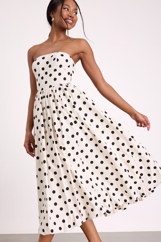 Terrance Ivory Polka Dot Strapless Bubble-Hem Midi Dress 2