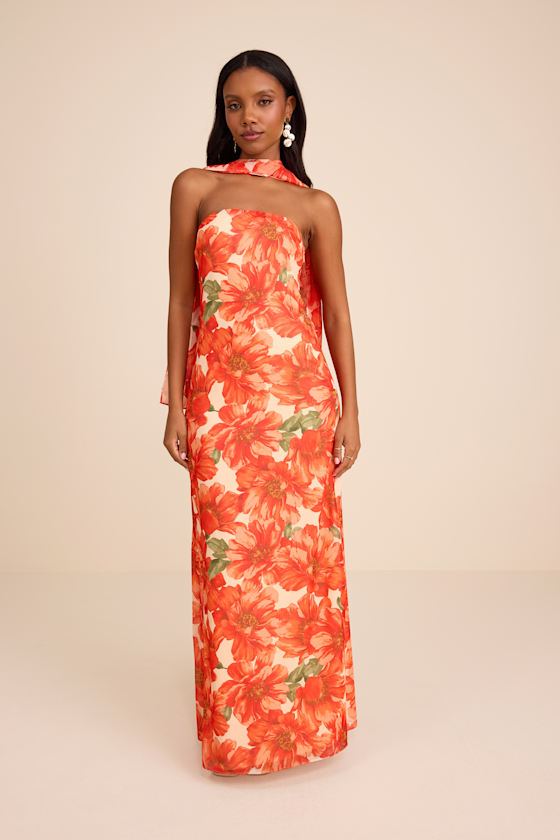 Image of Rawya Orange Floral Strapless Maxi Dress and Scarf Set
