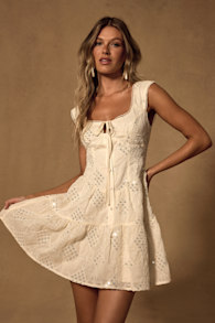 Antionette Cream Embroidered Sequin Button-Front Mini Dress 1