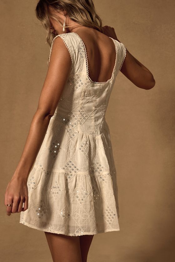 Antionette Cream Embroidered Sequin Button-Front Mini Dress 7