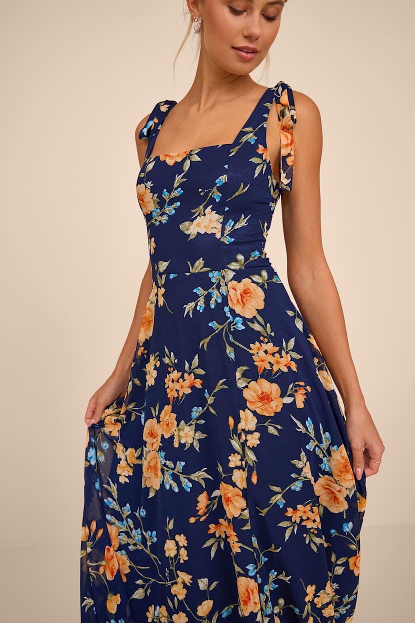 Navy Blue Floral Dress - A-Line Dress - Square Neck Maxi Dress - Lulus