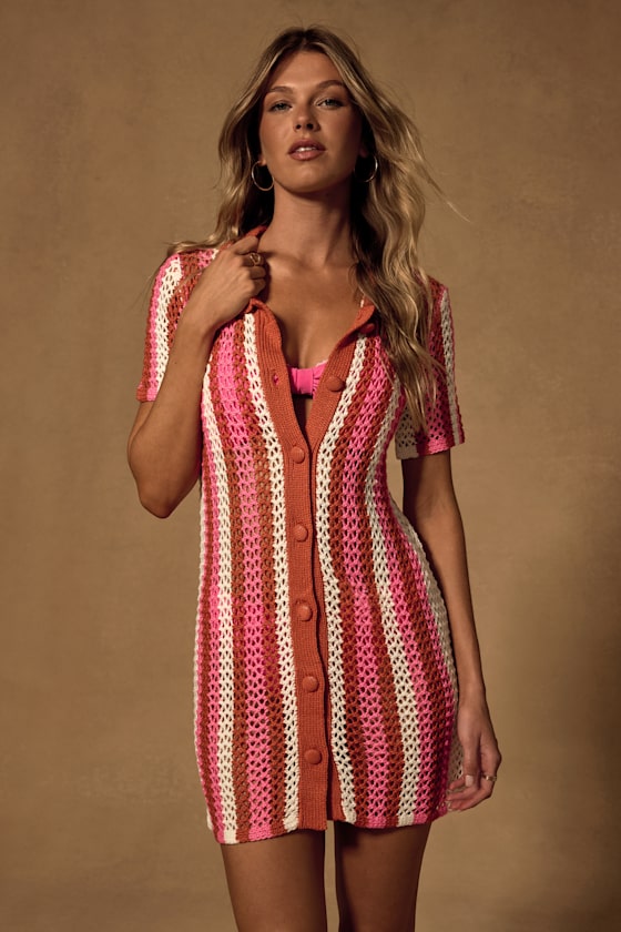 Image of Skylar Pink Multi Striped Crochet Swim Cover-Up