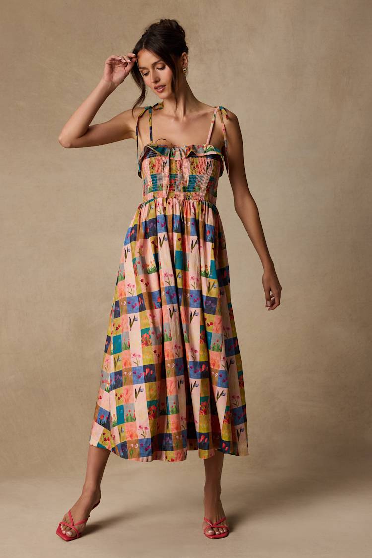 Alessandra Blush Multi Gingham Floral Tie-Strap Midi Dress