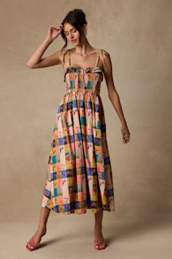 Alessandra Blush Multi Gingham Floral Tie-Strap Midi Dress 2