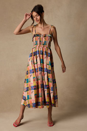Alessandra Blush Multi Gingham Floral Tie-Strap Midi Dress 2