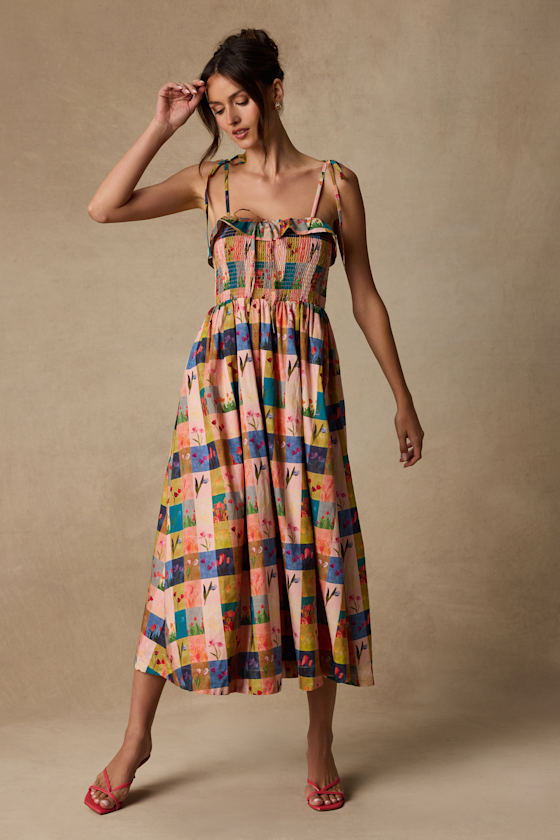 Alessandra Blush Multi Gingham Floral Tie-Strap Midi Dress 2