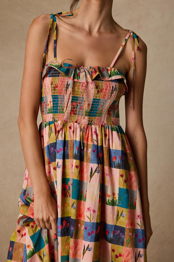Alessandra Blush Multi Gingham Floral Tie-Strap Midi Dress 3