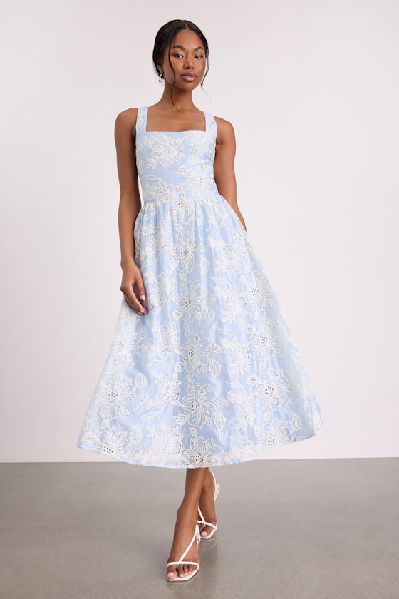 tale to tell blue and ivory embroidered shift dress Royal White Dress with Unique Blue Embroidery and Long Tail 40/(M) main image 0