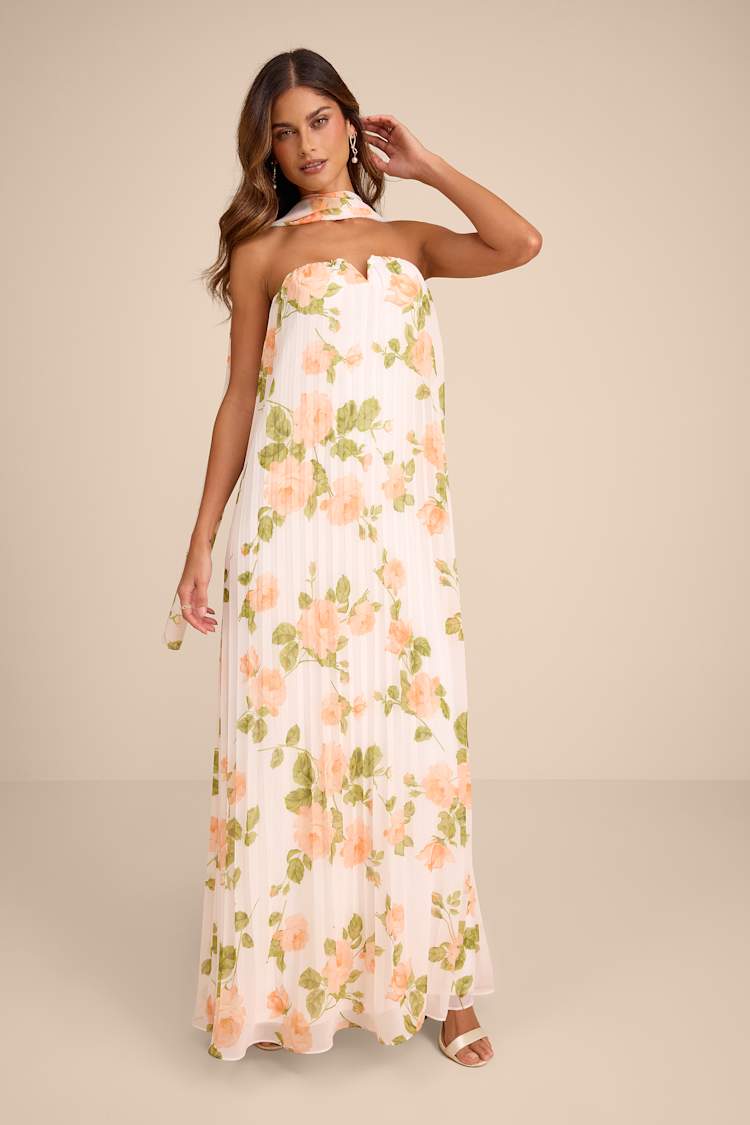 white floral pleated dress Lulus | White Floral Pleated Strapless Dress and Scarf Set | Womens | Small (Available in XS, M, L, XL)