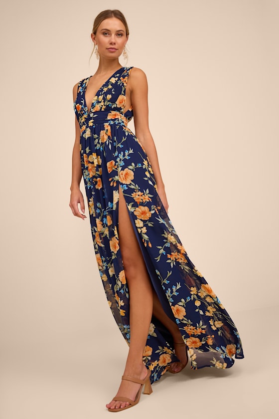 Dark Blue Floral Dress - Sleeveless Dress - Floral V-Neck Dress - Image 8