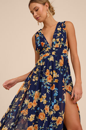 Dark Blue Floral Maxi Dress | Womens | Small (Available in 3X, 2X, XXS, XS, M, L, XL) | 100% Polyester