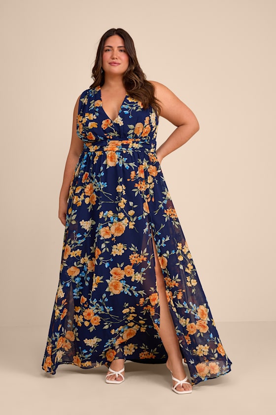 Dark Blue Floral Dress - Sleeveless Dress - Floral V-Neck Dress - Image 2