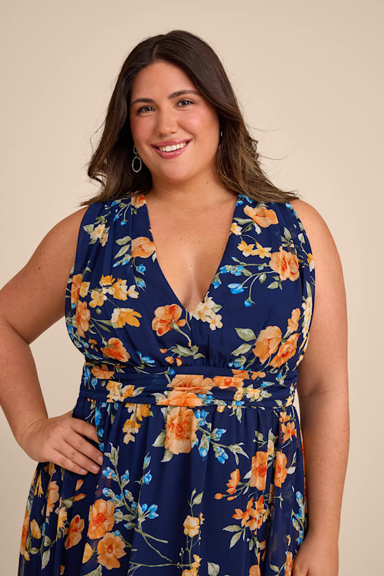 Dark Blue Floral Dress - Sleeveless Dress - Floral V-Neck Dress - Image 3