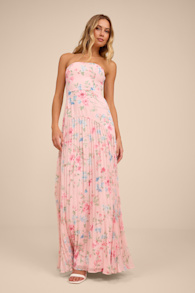 Celebratory Aesthetic Pink Floral Pleated Strapless Maxi Dress 1