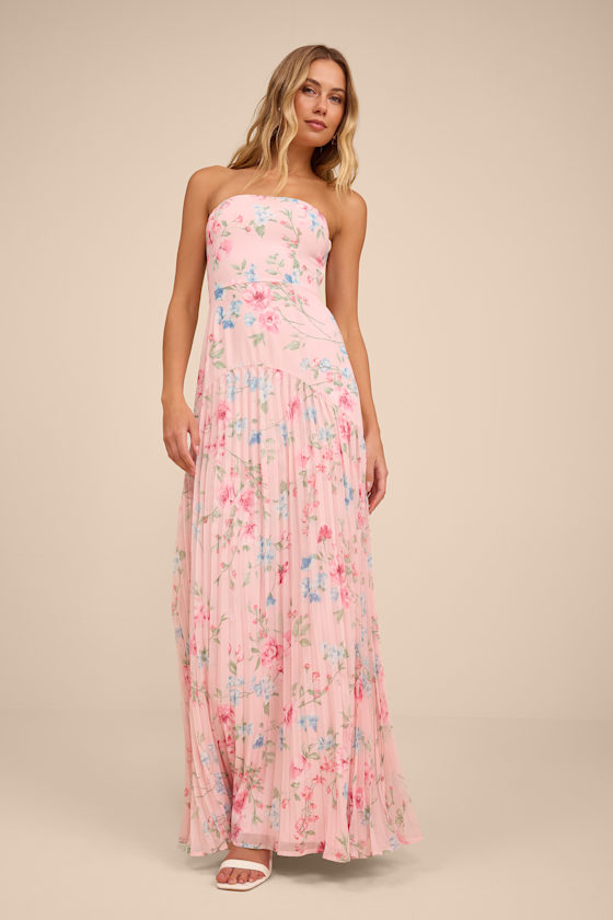 Celebratory Aesthetic Pink Floral Pleated Strapless Maxi Dress 1