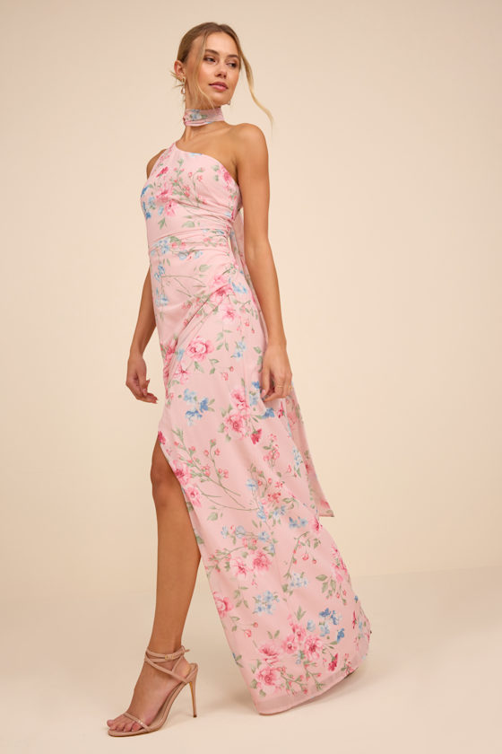 Pink Floral Dress - Scarf Sash Maxi Dress - Column Maxi Dress - Lulus