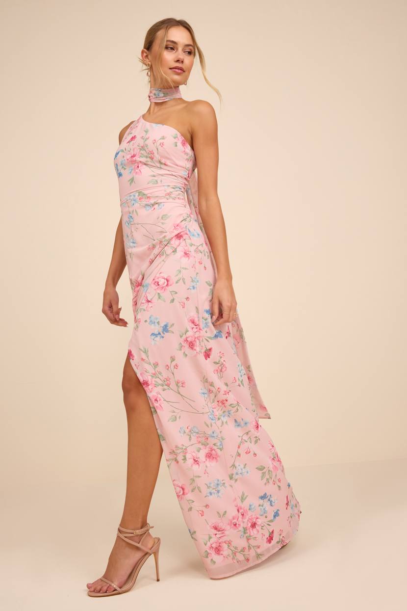 Light Pink Floral One-Shoulder Scarf Maxi Dress | Womens | 3X (Available in XS, XL) | 100% Polyester | Lulus