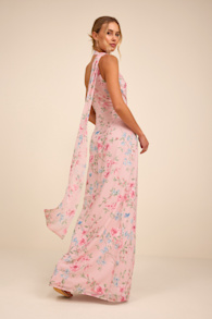 Adeline Light Pink Floral One-Shoulder Scarf Maxi Dress 3