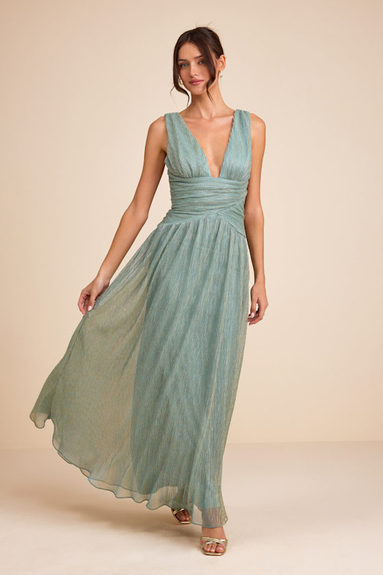 Evaluna Sage Green Abstract Print Lurex Pleated Maxi Dress
