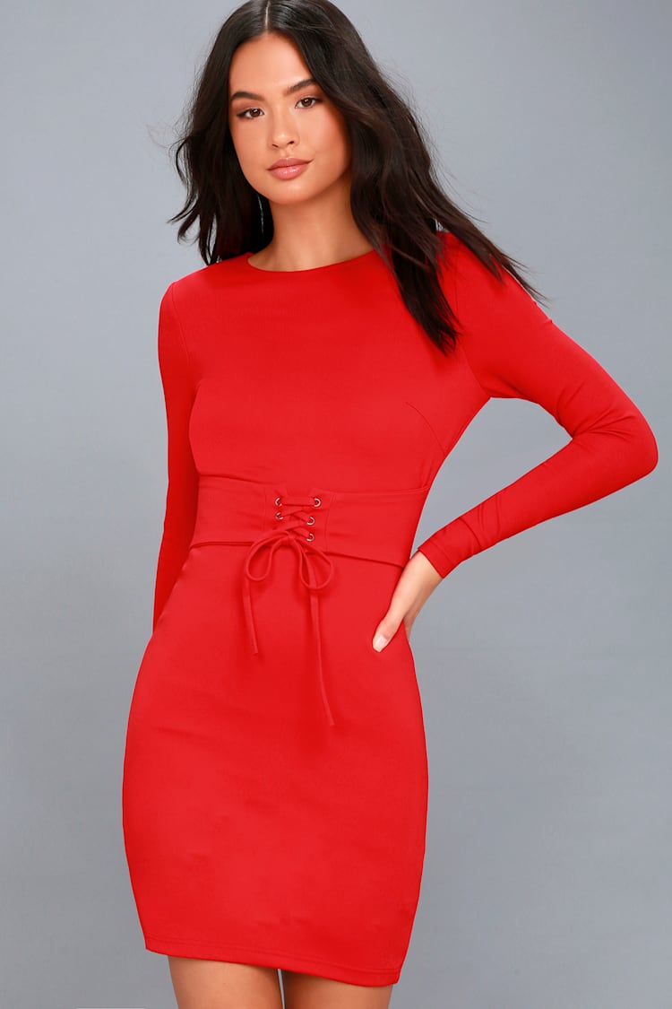 red lace bodycon dress with sleeves Rose Halterneck Detail Long Sleeve Cupped Mini Bodycon Dress In Red Lace