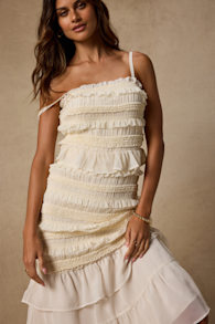 Harley Cream Smocked Ruffled Midi Dress 1