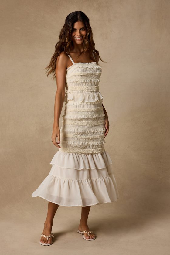 Harley Cream Smocked Ruffled Midi Dress - thumbnail 4