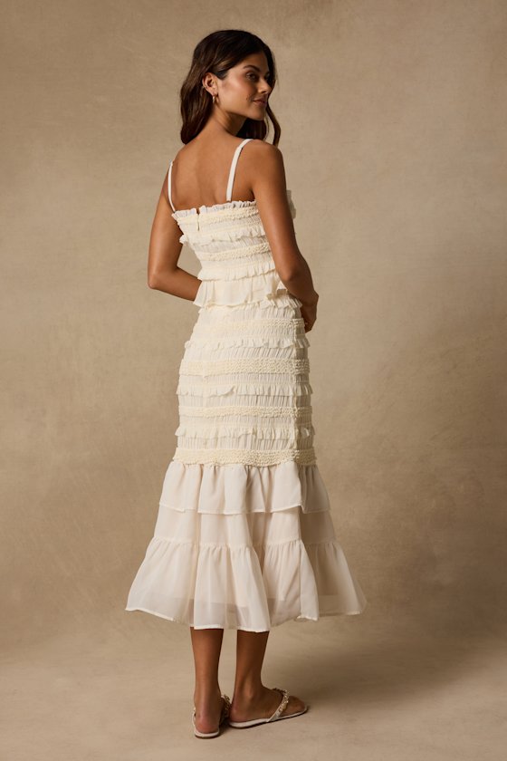 Harley Cream Smocked Ruffled Midi Dress - thumbnail 5