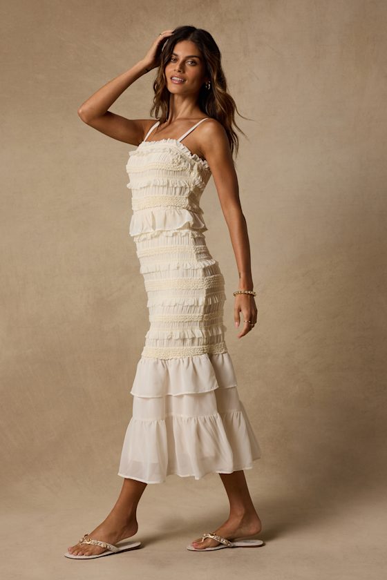 Harley Cream Smocked Ruffled Midi Dress 5
