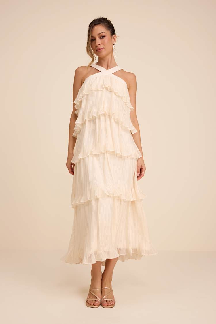 Ivory Plisse-Pleated Dress - Tiered Ruffled Dress - Halter Midi - Lulus