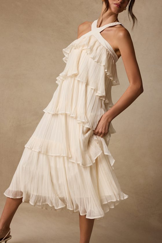 Lauretta Ivory Plisse Tiered Midi Dress 3