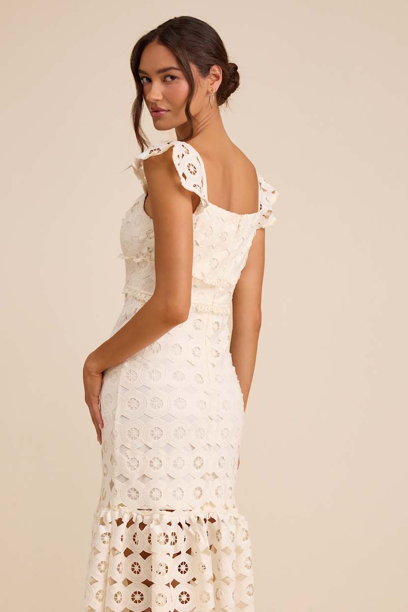 crochet lace v-neck flutter short sleeve midi dress By Anthropologie V-Neck Flutter-Sleeve Midi Dress