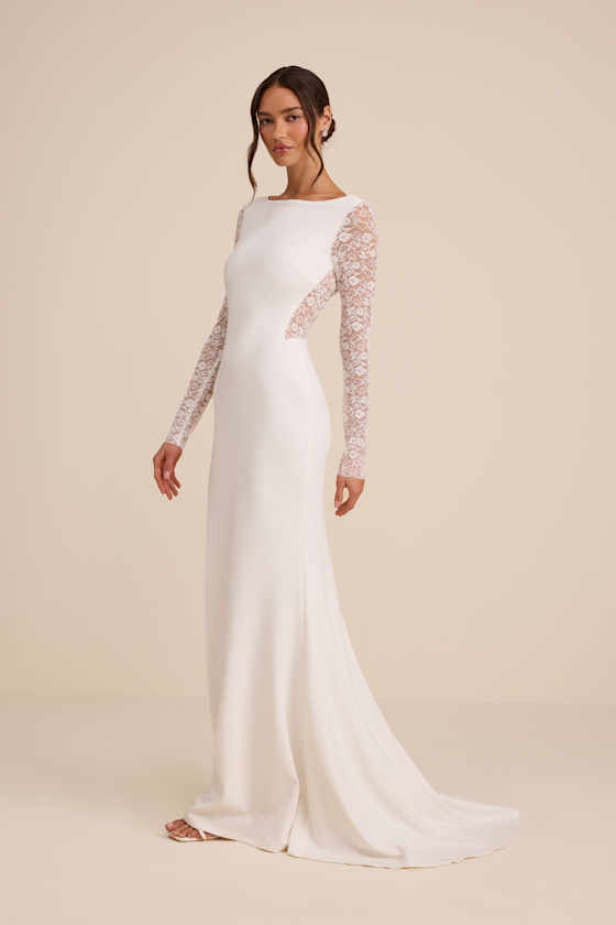 Brooks White Lace Boat Neck Mermaid Maxi Dress - thumbnail 4