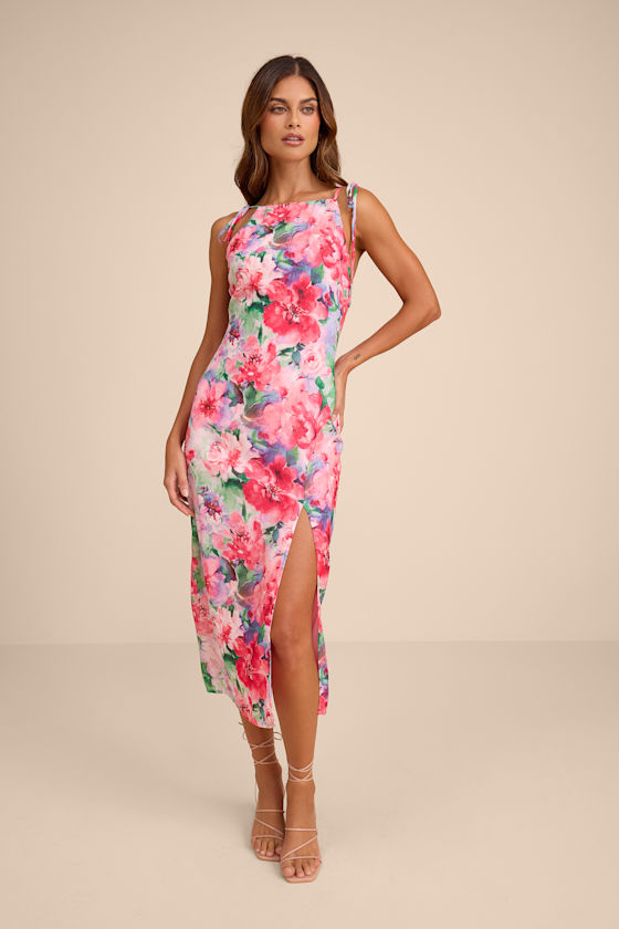 Pink Multi Floral Dress - Backless Dress - Tie-Strap Midi Dress