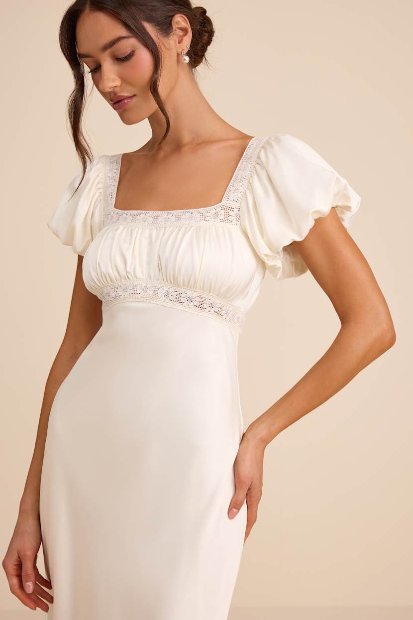 Ivory Satin Midi Dress - Puff S:eeve Midi Dress - Satin Dress - Lulus