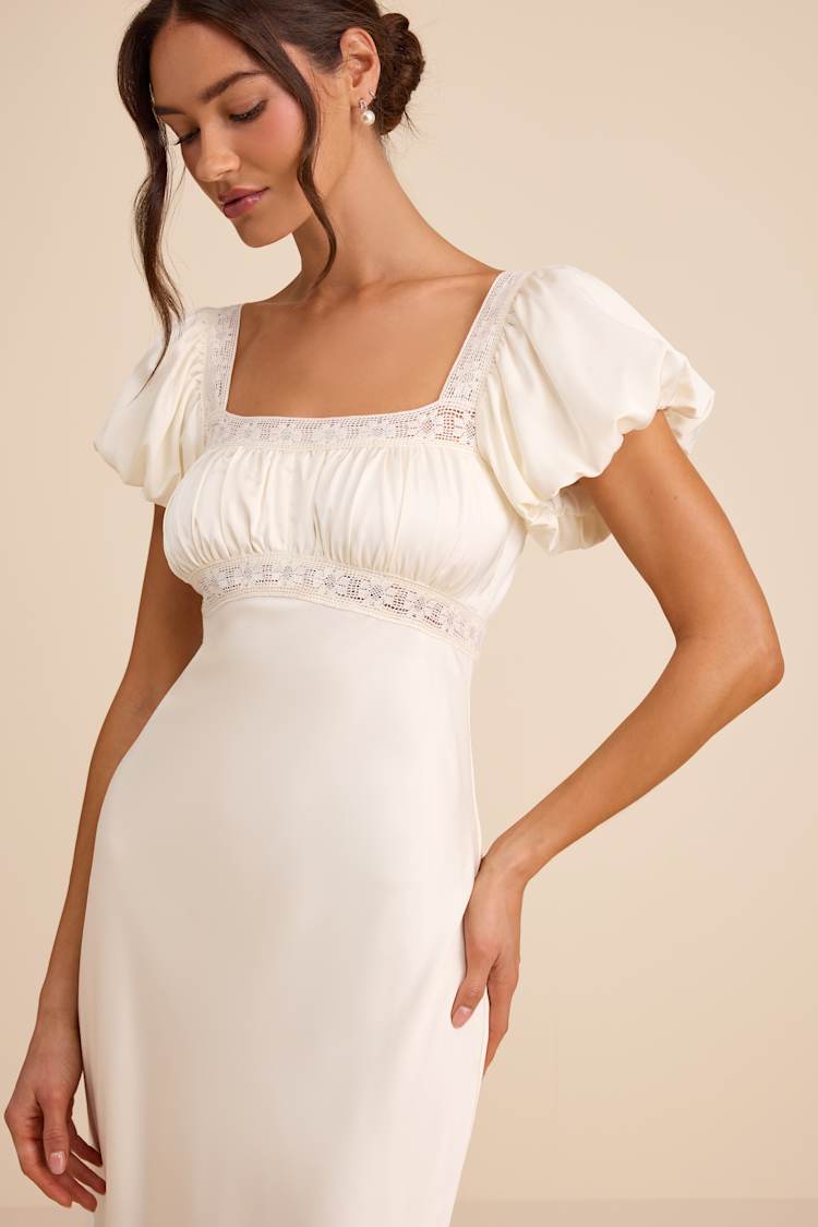 white satin midi dress with sleeves White Satin Midi Dress: Off-the-shoulder Puffy Sleeves